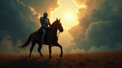 Fototapeta premium A knight in full armor riding a horse at sunset, with dramatic clouds in the background. This knight painting captures a medieval scene with vivid colors and striking lighting.