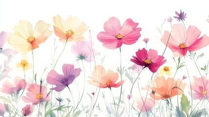 Watercolor Illustration set of Pink cosmos flowers on a white background,spring summer nature,Vibrant pink cosmos blooming,Children's card,banner,raindrops drawn by hand.
