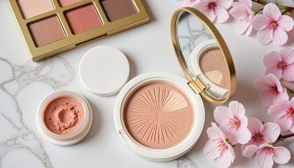 Elegant round makeup mirror and pastel-colored cosmetics on a marble vanity, spring beauty aesthetic