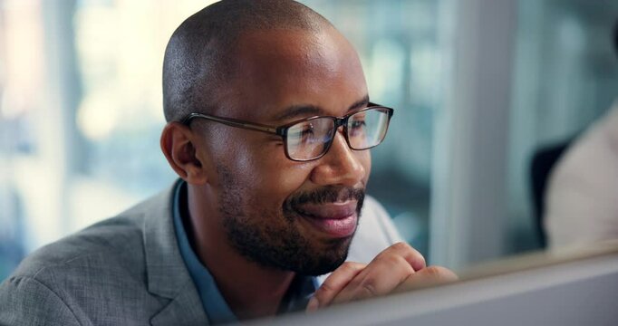 Reading, online and man with laptop, business and research for copywriting in marketing agency and website. Office, digital and black person with tech for article, review and planning for project