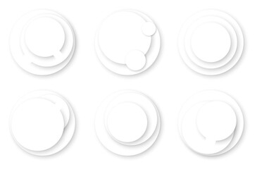 Set of white 3D round podiums top view. Concentric multi level scenes, gradient frames with minimalistic shadows. Abstract platform backgrounds for advertising presentation