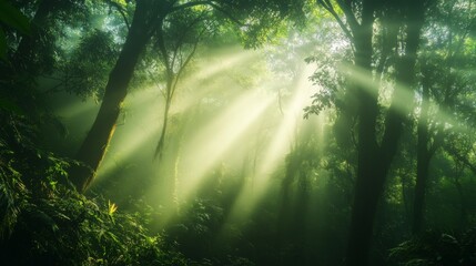 Obraz premium Ethereal Sunlight Streaming Through Lush Green Forest Canopy