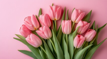 Obraz premium Fresh Pink Tulips with Green Leaves on Soft Pink Background