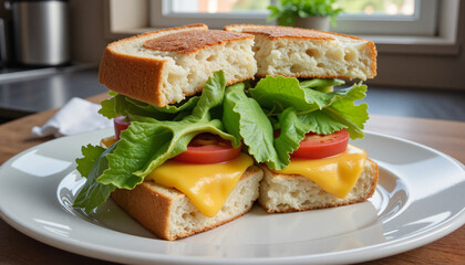 Colorful sandwich with lettuce and cheese on white plate, promoting healthy eating habits