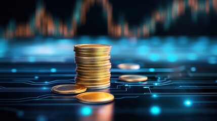 Stack of coins resting on a digital circuit board highlighting financial innovations in defi lending and borrowing systems