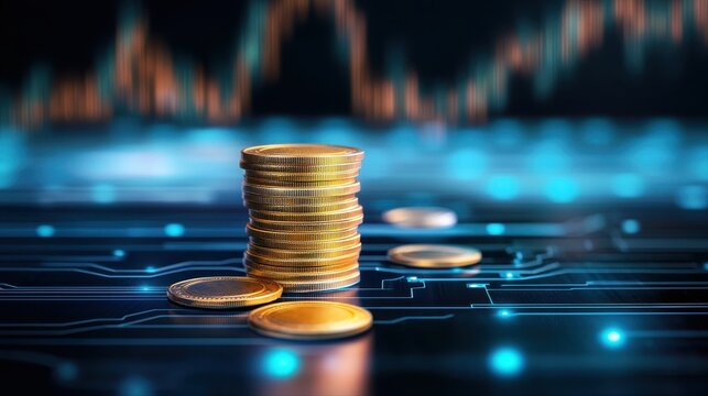Stack of coins resting on a digital circuit board highlighting financial innovations in defi lending and borrowing systems