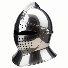 Polished Medieval Close Helmet with Ventilation Holes and Smooth Surface Isolated on White Background.