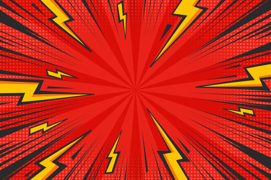 Comic cartoon background with lightnings and thunder power effect. Abstract vector pop art design with halftone and radial bolt energy. Explosion rays and speed lines. Retro superhero illustration
