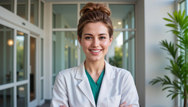 Enthusiastic female volunteer smiling confidently in hospital setting, promoting blood donation awareness