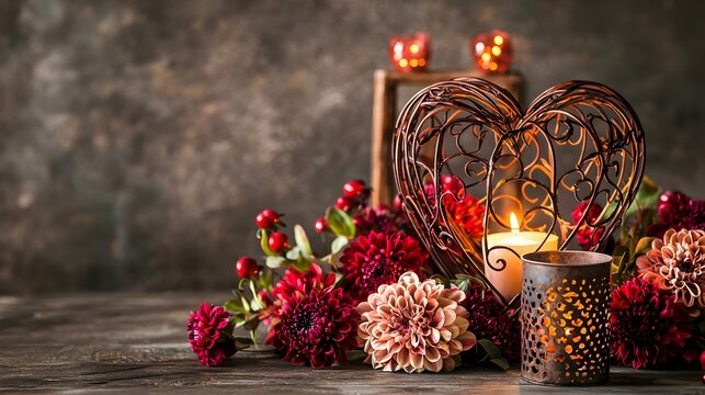 Romantic autumnal still life with burning candles, dahlias, and heart-shaped lantern.