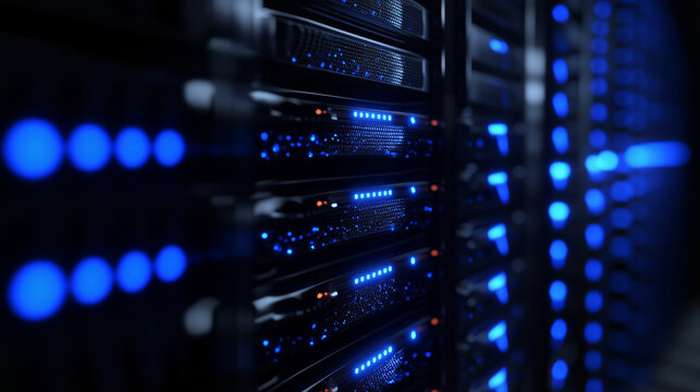 Futuristic supercomputer with glowing blue lights in a high-tech minimalist environment, showcasing advanced technology and innovation with ample copy space for design.