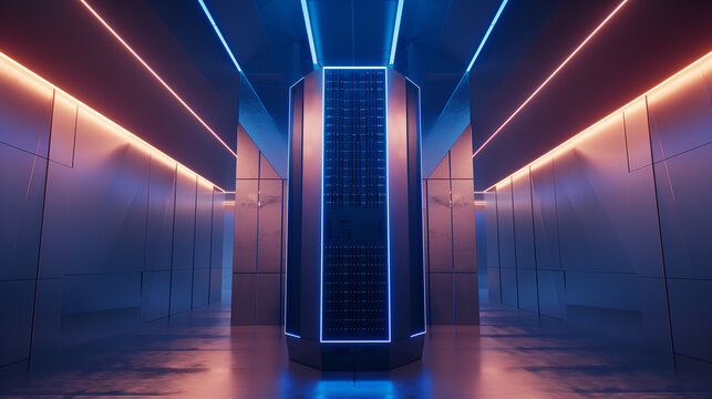 Futuristic supercomputer with glowing blue lights in a high-tech minimalist environment, showcasing advanced technology and innovation with ample copy space for design.