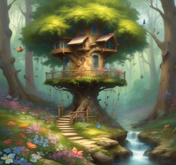 Fototapeta premium Illustration of goblin house in green forest.