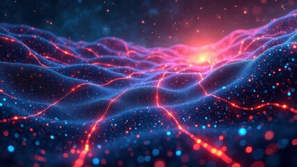 Obraz premium Machine learning visuals, Mesmerizing neural network landscape with vibrant glowing nodes interconnected layers data streams weaving through circu