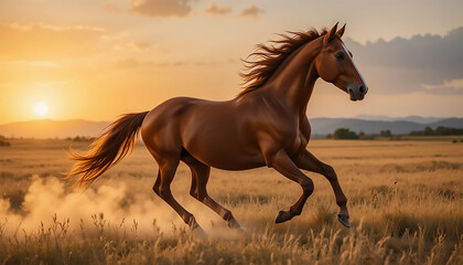 Majestic Horse Running Across a Golden Field at Sunset in Wide View
