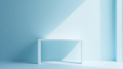 Minimalist blue room with white table and soft lighting