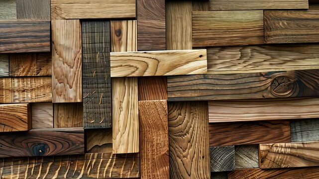 A textured arrangement of wooden planks with varied colors and grains, creating an intricate patchwork design.