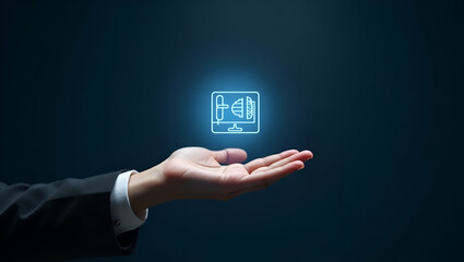 Hand Presenting Holographic Conversion Icon: A Minimalist Approach to Advertising Conversion in Marketing with Empty Space for Stock Photo Use