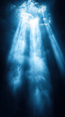 Rays of light shining through clouds in dark space