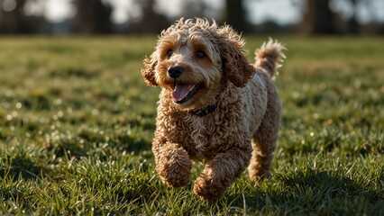 Fototapeta premium A young playful Poodle, its curly fur bouncing as it hops happily around a garden.