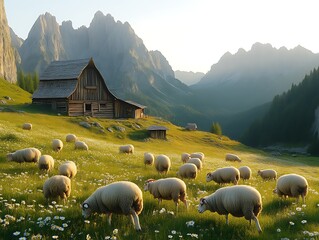 Sheep graze meadow with mountains in the distance