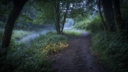 Obraz premium Misty dawn path alongside canal, illuminated with fairy lights.