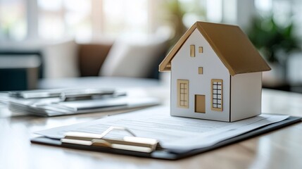 A clean arrangement of property title documents styled with a clipboard on a neutral surface. pic