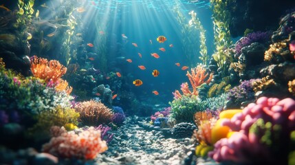 Obraz premium Vibrant coral reef, ocean floor, colorful fish, sun rays, underwater scene, nature background