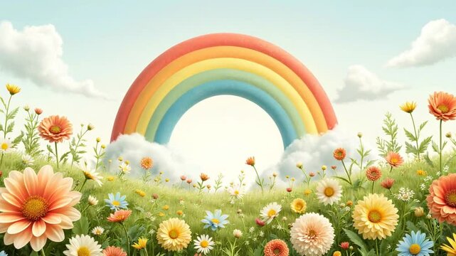 Vibrant Rainbow Arching Over Field of Colorful Flowers Representing Positivity and Happiness - International Day of Happiness