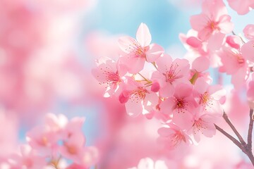 Obraz premium Delicate pink cherry blossoms in bloom against a soft blue sky.