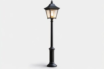 Black lamp post with ornate details, lit lantern. Perfect for city, park, or vintage themes, adds elegance.