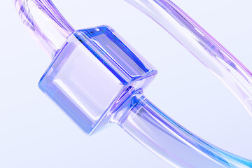 Abstract 3d macro background with glass holographic transparent circle connected to cube. Crystal render ring with iridescent diamond flare light, rainbow purple pink gradient texture. 3D illustration