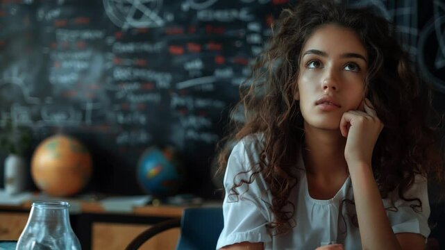 A student girl thoughtfully, her gaze focused as she contemplates a complex problem. Behind her, the blackboard is filled with mathematical equations and formulas. 4k video footage