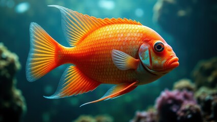 Fototapeta premium A vibrant orange fish with intricate fin patterns swims in an underwater environment, showcasing the beauty of S American cichlids.