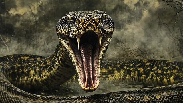 Large snake with mouth open in a dark, stormy environment near a dense forest