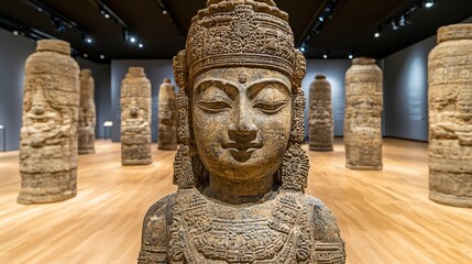 Impressive statue displayed in a museum setting highlighting artistic craftsmanship and history