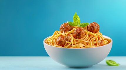 Delicious bowl of spaghetti topped with juicy meatballs and fresh herbs garnishing the dish