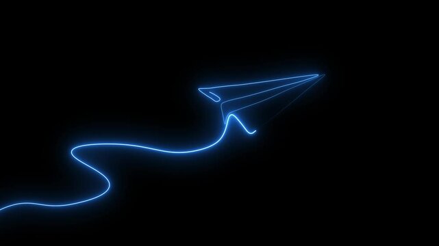 Neon Line continuous line drawing paper plane animation concept, Neon paper airplane drawing animation, Neon one single line drawing of paper plane flying on the sky animation concept