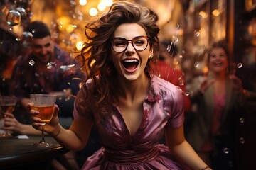Cute joyful girl student in glasses with a glass of alcohol at a fun party in a bar, club with friends. Unbridled drunken fun of office colleagues, celebrating Christmas, birthday, successful deal