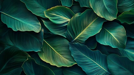Lush green tropical leaves background texture.