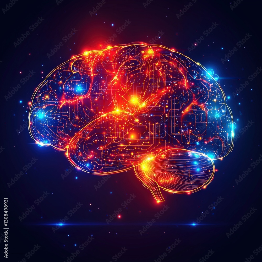 Poster human brain with glowing lines representing neural pathways and enhanced cognitive functionality