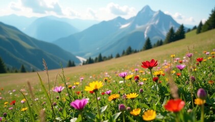Vibrant wildflowers bloom amidst alpine grasses, wildflowers, landscape, delicate