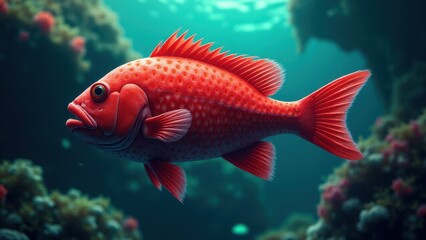 A vibrant strawberry grouper fish swims gracefully in a coral reef, showcasing its bright red color and distinctive spots.