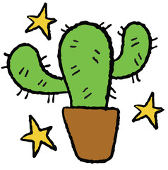 Hand drawn crayon illustration of cactus and stars for home decoration, spring, summer, nature, garden, plants, tree, blossom, blooming, sticker, picnic, park, house yard, environment, soil

