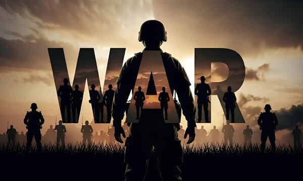 Emotional war concept with soldiers silhouette and smoke, powerful and dramatic background