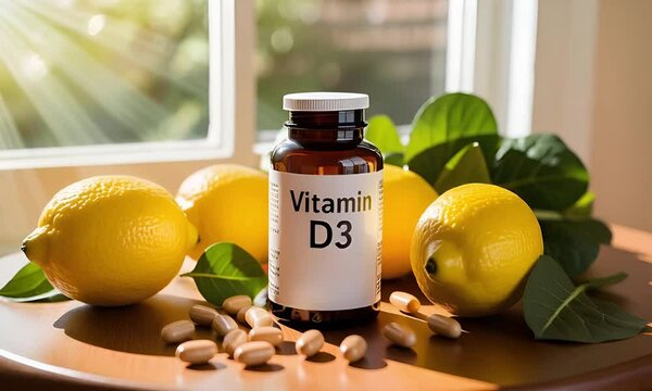Vitamin D3 Bottle with Fresh Lemons and Sunlight .Health and Wellness Concept