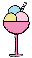 Hand drawn crayon illustration of sundae ice cream for sweet dessert, cafe, restaurant, menu, recipe, baking book, stickers, food, snack, shop, kids and children, brunch, cuisine, icon, logo
