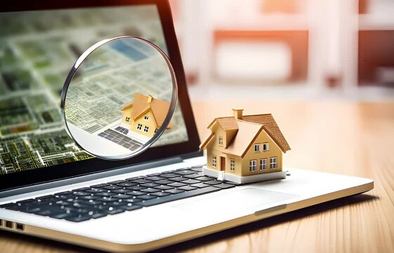 3D model house on a laptop keyboard with a magnifying glass on the screen, symbolizing in-depth research and exploration of real estate and housing options