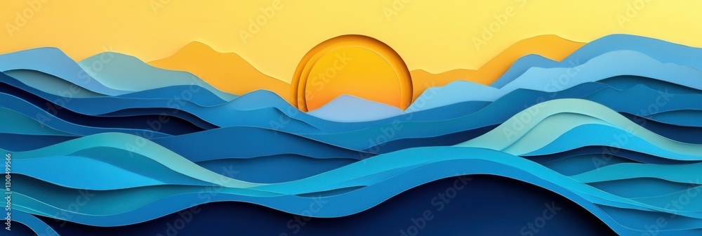 Poster vibrant paper art creates layered landscapes with rolling waves and a warm sun in a dynamic travel i