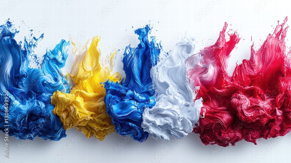 Poster dynamic group of colorful paint splashes creating a vibrant abstract display on clean white canvas